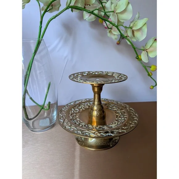 Vintage Brass Two Tiered Ornate Candle Holder Decor Tableware Candlestick - Picture 5 of 7
